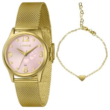 Kit Relógio Lince Feminino Dourado Visor Rosa com Corações Minimalista Pulseira Milanesa Á Prova D'água LRGM061L34 Kit Relógio Lince Feminino Dourado Visor Rosa com Corações Minimalista Pulseira Milanesa Á Prova D'água LRGM061L34