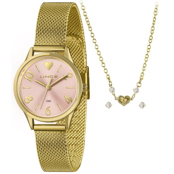 Kit Relógio Lince Feminino Dourado Visor Rosa com Pulseira Milanesa Á Prova D'água LRGH242L30