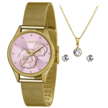 Kit Relógio Lince Feminino Dourado Visor Rose com Cristais Detalhe de Rosa Pulseira Milanesa Á Prova d'água LRGJ144L