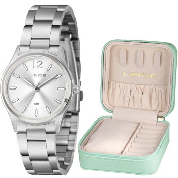 Kit Relógio Lince Feminino Prateado Com Porta-joias Á Prova D'água LRMM042L34