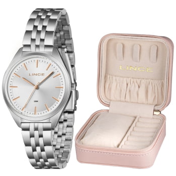 Kit Relógio Lince Feminino Prateado Com Porta-joias Visor Minimalista Á Prova D'água LRMM023L36