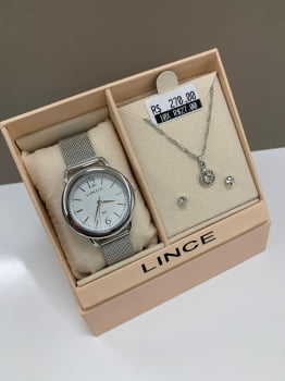 Kit Relógio Lince Feminino Prateado Visor Branco com Pulseira Milanesa Á Prova D'água LRMM020L36