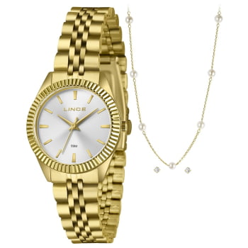 Kit Relógio Lince Feminino Dourado Visor Minimalista Prata Á Prova D'água LRGM064L32