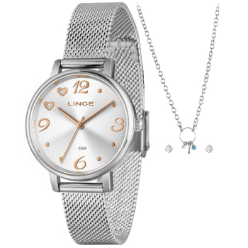 Kit Relógio Lince Feminino Prateado Visor Prata com Corações e Pulseira Milanesa Á Prova D'água LRMM043L34