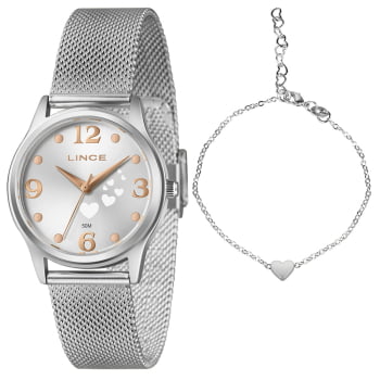 Kit Relógio Lince Feminino Prateado Visor Prata com Corações Minimalista Pulseira Milanesa Á Prova D'água LRMM061L34 Kit Relógio Lince Feminino Prateado Visor Prata com Corações Minimalista Pulseira Milanesa Á Prova D'água LRMM061L34