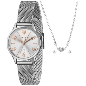Kit Relógio Lince Feminino Prateado Visor Prata com Pulseira Milanesa Á Prova D'água LRMH242L30