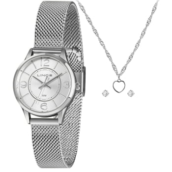 Kit Relógio Lince Feminino Prateado Visor Prata Pulseira Milanesa á Prova d'água LRMH009L30