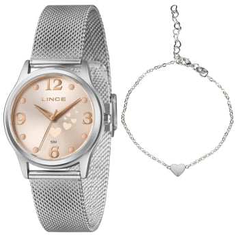 Kit Relógio Lince Feminino Prateado Visor Rose com Corações Minimalista Pulseira Milanesa Á Prova D'água LRMM061L34 Kit Relógio Lince Feminino Prateado Visor Rose com Corações Minimalista Pulseira Milanesa Á Prova D'água LRMM061L34