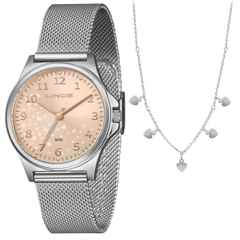 Kit Relógio Lince Feminino Prateado Visor Rosé com Corações Numeração Completa  Pulseira Milanesa Á Prova D'água LRM4846L36