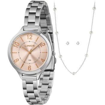 Kit Relógio Lince Feminino Prateado Visor Rosegold Á Prova D'água LRMM021L36