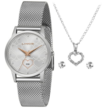 Kit Relógio Lince Feminino Prateado Visor Prateado com Cristais Pulseira Milanesa Á Prova d'água LRM4715L