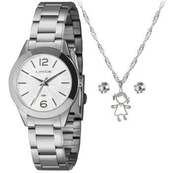 Kit Relógio Lince Urban Feminino Prateado Mostrador Branco Á Prova D'água LRM4744L34