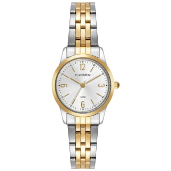 Kit Relógio Mondaine Feminino Bicolor Dourado e Prateado Pequeno com Cristais Visor Prateado Á Prova d'água 99916LPMKBE3