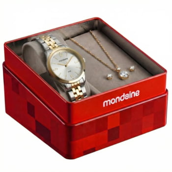 Kit Relógio Mondaine Feminino Bicolor Dourado e Prateado Pequeno com Cristais Visor Prateado Á Prova d'água 99916LPMKBE3