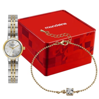 Kit Relógio Mondaine Feminino Bicolor Dourado e Prateado Pequeno Visor Prata Á Prova d'água 99876LPMKBE3