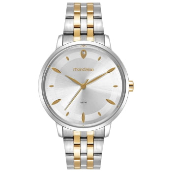 Kit Relógio Mondaine Feminino Bicolor Minimalista Visor Prateado texturizado Á Prova d'água 99920LPMKBE3