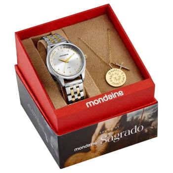 Kit Relógio Mondaine Feminino Bicolor Prateado e Dourado Visor Prateado Salmo 23 O Senhor É Meu Pastor E Nada Me Faltará Á Prova d'água 99748LPMKBE2