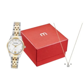 Kit Relógio Mondaine Feminino Bicolor Visor Branco Texturizado com Detalhe de Coração á Prova D'água 32795LPMKBE3