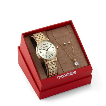 Kit Relógio Mondaine Feminino Casual Dourado Visor Champanhe Numeração Completa á Prova D'água 32599LPMKDE1