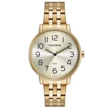 Kit Relógio Mondaine Feminino Casual Dourado Visor Champanhe Numeração Completa á Prova D'água 32599LPMKDE1