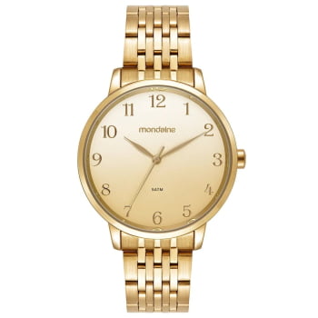 Kit Relógio Mondaine Feminino Casual Dourado Visor rosa suave com acabamento metálico Numeração Completa á Prova D'água 99921LPMKDE1