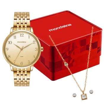 Kit Relógio Mondaine Feminino Casual Dourado Visor rosa suave com acabamento metálico Numeração Completa á Prova D'água 99921LPMKDE1