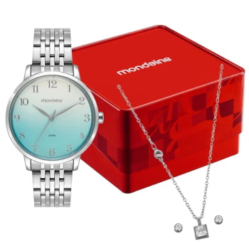 Kit Relógio Mondaine Feminino Casual Prateado Visor azul suave com acabamento metálico Numeração Completa á Prova D'água 99921L0MKNE2