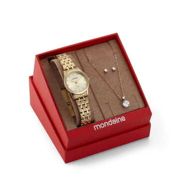 Kit Relógio Mondaine Feminino Clássico Dourado Visor Champanhe com Cristais á Prova D'água 32610LPMKDE1
