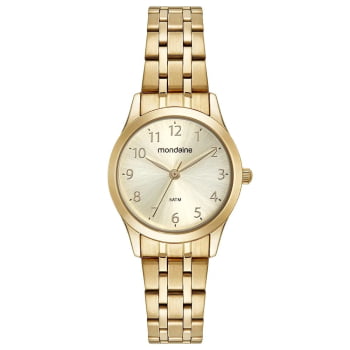 Kit Relógio Mondaine Feminino Clássico Dourado Visor Champanhe Numeração Completa á Prova D'água 32608LPMKDE1