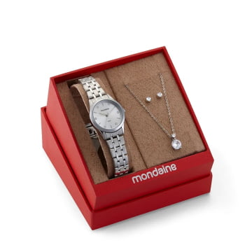 Kit Relógio Mondaine Feminino Clássico Prateado com Cristais á Prova D'água 32610L0MKNE2 Kit Relógio Mondaine Feminino Clássico Prateado com Cristais á Prova D'água 32610L0MKNE2