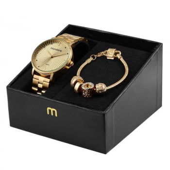 Kit Relógio Mondaine Feminino Dourado Minimalista Visor Champanhe Texturizado com Cristais Á Prova d'água 32430LPMKDE1