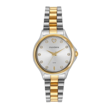 Kit Relógio Mondaine Feminino Cristais e Coração Bicolor com Porta-Joia á Prova D'água 99761LPMVBE3