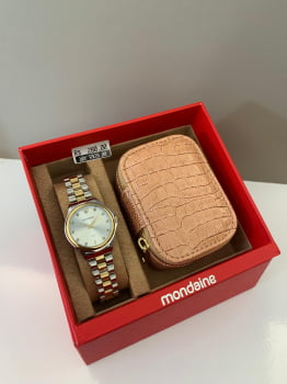 Kit Relógio Mondaine Feminino Cristais e Coração Bicolor com Porta-Joia á Prova D'água 99761LPMVBE3