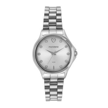 Kit Relógio Mondaine Feminino Cristais e Coração Prata com Porta-Joia á Prova D'água 99761L0MVNE2
