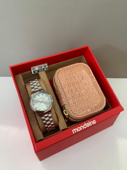 Kit Relógio Mondaine Feminino Cristais e Coração Prata com Porta-Joia á Prova D'água 99761L0MVNE2