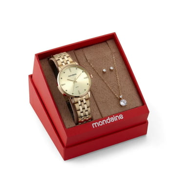 Kit Relógio Mondaine Feminino Dourado Clássico com Cristais Á Prova d'água 32598LPMKDE1