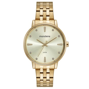 Kit Relógio Mondaine Feminino Dourado Clássico com Cristais Á Prova d'água 32598LPMKDE1
