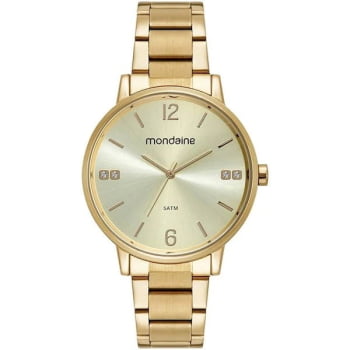 Kit Relógio Mondaine Feminino Dourado com Cristais Á Prova d'água 32600LPMKDE1