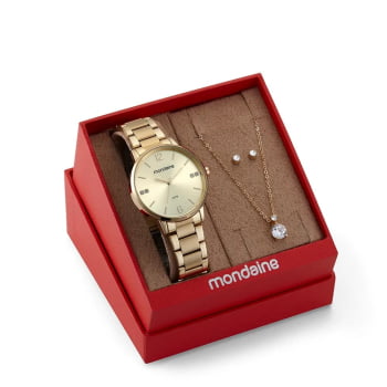 Kit Relógio Mondaine Feminino Dourado Clássico com Cristais Á Prova d'água 32600LPMKDE1 Kit Relógio Mondaine Feminino Dourado Clássico com Cristais Á Prova d'água 32600LPMKDE1