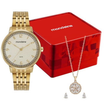 Kit Relógio Mondaine Feminino Dourado com Numeração Completa Á Prova d'água 99880LPMKDE1