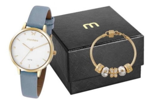 Kit Relógio Mondaine Feminino Dourado Couro Azul 99603LPMKDH2