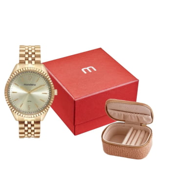 Kit Relógio Mondaine Feminino Dourado Cristais com Porta-Joias á prova d'água 32806LPMKDE1