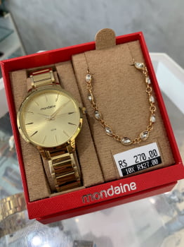Kit Relógio Mondaine Feminino Dourado Minimalista com Visor Texturizado Á Prova d'água 32561LPMKDE1