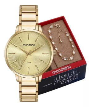 Kit Relógio Mondaine Feminino Dourado Minimalista com Visor Champanhe Texturizado Á Prova d'água 32561LPMKDE1
