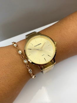 Kit Relógio Mondaine Feminino Dourado Minimalista com Visor Champanhe Texturizado Á Prova d'água 32561LPMKDE1