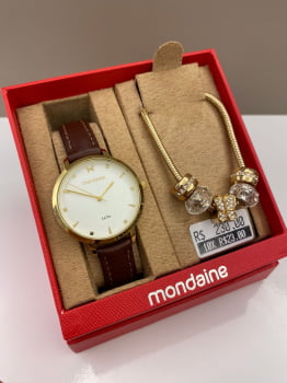 Kit Relógio Mondaine Feminino Dourado Minimalista Visor branco Pulseira em Couro Cacau Á Prova d'água 99603LPMKDH1K1
