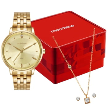 Kit Relógio Mondaine Feminino Dourado Minimalista Visor Champagne texturizado Á Prova d'água 99920LPMKDE1