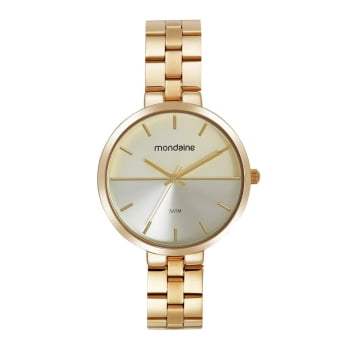 Kit Relógio Mondaine Feminino Dourado Minimalista Visor Champanhe Á Prova d'água 32713LPMKDE1