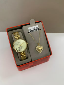 Kit Relógio Mondaine Feminino Dourado Minimalista Visor dourado com Coração Á Prova d'água 32712LPMKDE1K2