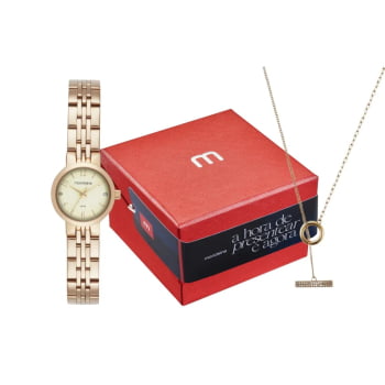 Kit Relógio Mondaine Feminino Dourado Minimalista Visor Texturizado á Prova D'água 99799LPMKDE1